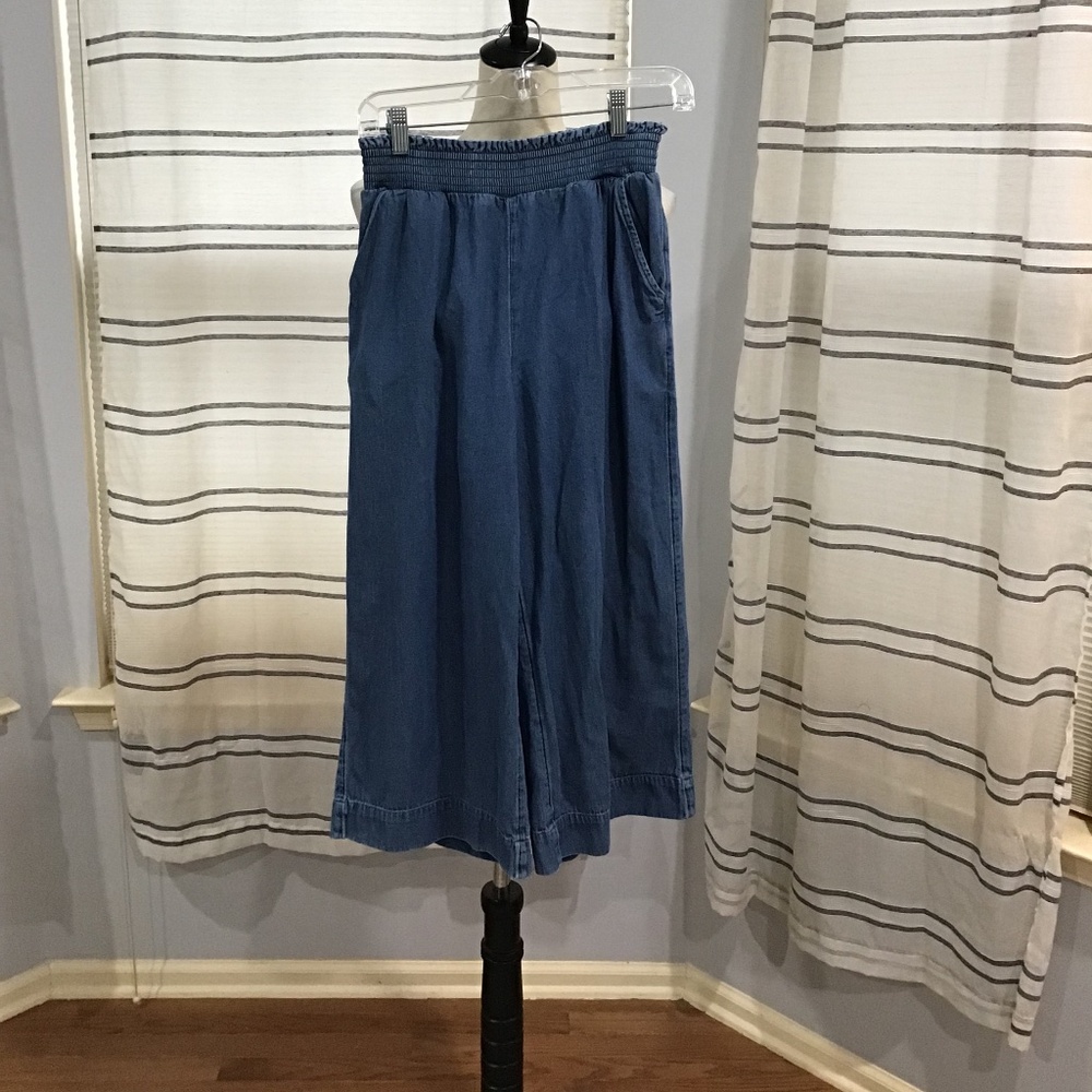 American Eagle Women Size SM Wide Leg Chambray Cropped Pants Ankle Cotton Denim